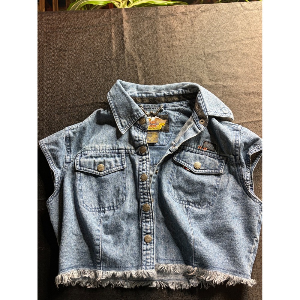 Harley-Davidson Womens XS Blue Denim Vest Frayed Hem Cropped Biker Jacket Logo